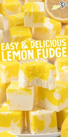 easy and delicious lemon fudge recipe on a plate with sliced lemons in the background