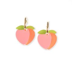 Who doesn't love peaches? Our Peach earrings are a cute and lovely addition to our Fruit Salad collection!  Charm measures 1. 5" x 1" (38mm x 26mm) The pair weighs 8 grams total—that's just a touch more than a quarter or euro coin!  Gold-filled hoop is tarnish resistant and hypoallergenic, keeping sensitive ears comfortable. Hand-made in the By Chavelli studio in NYC. Keep away from extreme heat and wipe clean with water or makeup remover Cute Small Hoop Pink Earrings, Cute Small Pink Hoop Earrings, Pink Small Hoop Earrings In Cute Style, Peach Items, Peach Earrings, Album Ideas, August Birthstone Jewelry, July Birthstone Jewelry, Zodiac Jewelry