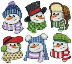 Cross Stitch kit featuring six smiling snowmen ornaments, all bundled up for Christmas!  This package contains 14-count plastic canvas, cotton floss, needle and instructions. Finished Size: Six 3x3.5 inch ornaments. Design: Snowmen In Hats. Plastic Canvas Ornament, Christmas Plastic Canvas, Friend Christmas Ornaments, Plastic Canvas Ornaments, Snowman Christmas Ornaments, Cross Stitch Christmas Ornaments, Beautiful Cross Stitch, Beaded Cross Stitch, Ornament Kit