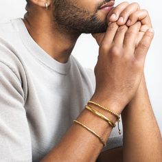 Simple and understated enough to wear every day, this 18ct Yellow Gold Vermeil bracelet is made of caraway 'rice' beads threaded onto chain, offering an organic feel with a touch of luxe. The bracelet is finished with our signature hammered loop and t-bar fastening. Wear alone or stack up with other wristwear.  Measures approx. 21cm/8. 25 inches. Dower & Hall designs their jewellery to be worn and treasured. Here are a few simple guidelines to keep your jewellery looking its best: Perfume, skin and hair products can all react with silver causing it to tarnish, cause vermeil to erode and even damage stones – especially pearls. Always apply your products before putting on your jewellery and leave for a few minutes to be absorbed by the skin. Avoid spraying perfume or hairspray directly onto Luxury Everyday Men's Bracelet, Pandora For Men, Luxury Everyday Men's Chain Bracelet, Mens Jewellery Cuban Bracelet, Luxury Tarnish Resistant Men's Bracelet, Mens Golden Bracelet, Mens Jewerly, Mens Chain Bracelet, Jewelry Product Shots