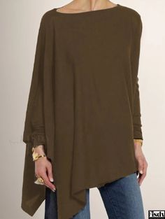 Fisdy - Irregular Solid Color Long-Sleeve Pullover Casual Loose Top Coffee Color, Loose Top, Color Cafe, Loose Tops, Coffee Colour, Hooded Pullover, Casual Top, Casual Pullover, Sleeve Detail