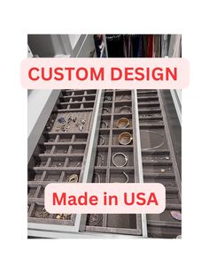 an open drawer with jewelry in it and the words, custom design made in usa