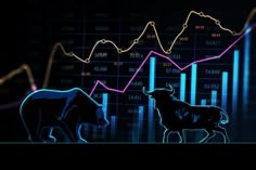 two bull and bear silhouettes in front of an upward chart with bar graphs behind them