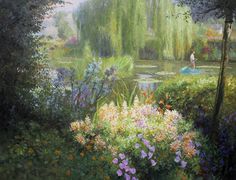 a painting of a woman in a boat on a river surrounded by flowers and trees