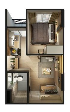 an overhead view of a bedroom and living room in a small apartment with the kitchen