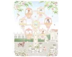 a drawing of a ferris wheel with flowers and dogs