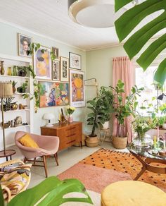 a living room filled with lots of plants and furniture