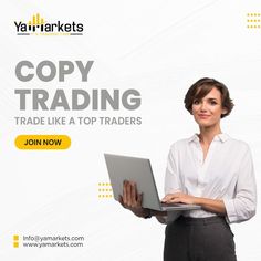 a woman holding a laptop computer in front of a white background with the words copy trading trade like a top trader join now