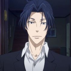 an anime character with blue hair wearing a suit and white shirt, staring at the camera