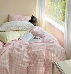 a cat sitting on top of a bed next to pillows and a book in front of a window