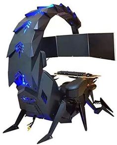 a computer that is sitting on top of a chair with blue lights in the back