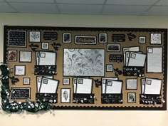 a bulletin board with pictures and writing on it