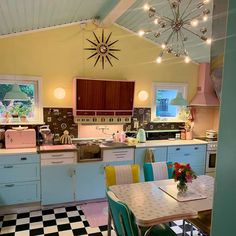 an old fashioned kitchen with checkered flooring and blue cabinets