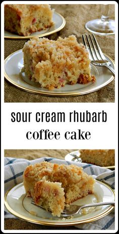 two pictures of coffee cake on plates with forks and spoons next to each other