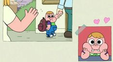 an animated image of a child being held up by someone's hand and another cartoon character