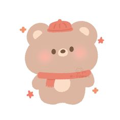 a brown teddy bear with a red hat and scarf around it's neck,