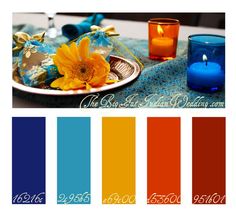 the color scheme is blue, orange, and yellow with some flowers on top of it