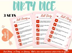 three red dice game cards with the text,'dirty dice 3 sets'on them