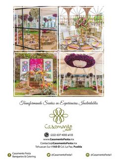 an advertisement for a flower shop with pictures of tables and chairs in the center, surrounded by flowers