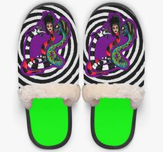 Step into the world of Tim Burton with our Beetlejuice Themed Slippers, perfect for fans of creepy cute and horror goth aesthetics. These cozy slippers feature a bold design inspired by the iconic Beetlejuice character, blending spooky vibes with comfort. Whether you're lounging at home, watching your favorite horror films, or just looking to add a touch of gothic charm to your daily routine, these slippers are the perfect choice. Crafted for both style and comfort, they make an ideal gift for Halloween lovers and fans of all things spooky. * Beetlejuice Design: Showcasing a unique, creepy cute illustration inspired by the beloved Tim Burton film, perfect for adding a gothic twist to your loungewear. * Cozy & Comfortable: Made with soft, plush materials, these slippers keep your feet warm Beetlejuice Design, Beetlejuice Character, Beetlejuice Characters, Cute Horror, Tim Burton Films, Cozy Slippers, Gothic Aesthetic, Spooky Vibes, Slippers Cozy