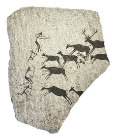 an artistic rock painting depicting deer and antelope on it's side, with other animals in the background