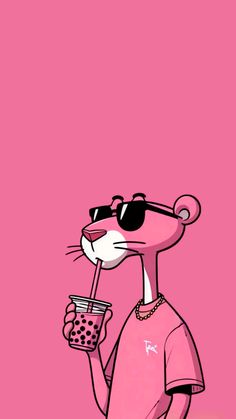 a cartoon character holding a drink in one hand and wearing sunglasses on the other