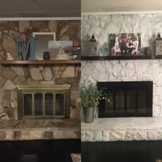 a stone fireplace with shelves above it and pictures on the mantel over the fire place