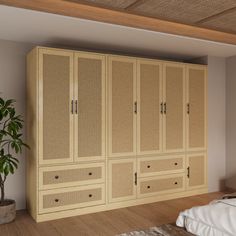 a bed sitting next to a tall wooden cabinet in a room with hardwood floors and walls