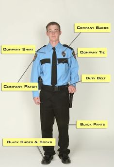 a police officer standing in front of a white background with words describing the different parts of his uniform