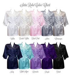 "This set of 8 personalized bridal robes come embroidered with the title of your choice on the back in our exquisite tuxedo font. This set is shown in a black and white theme, but our robes come in 17 vibrant colors! Have your bridal party titles embroidered on the back and the Bride's new title embroidered on hers...over 40 thread colors to choose from. This satin robe feels so luxurious on and flatters all shapes and sizes...a true classic robe to enjoy for years to come! This robe comes with Bridal Kimono Robe, Bridal Robes Personalized, Robes Satin, Wedding Party Robes, Satin Bridal Robe, Monogram Robes, Bridesmaid Robe Personalized, Satin Bridesmaids Robes, Bridesmaid Kimono