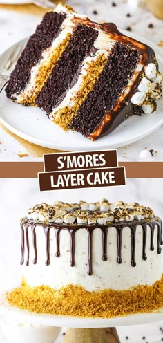 two different types of cake on plates with the words s'mores layer cake