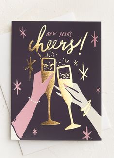 A card with image of hands clinking champagne flutes, text reads New Year's Cheers!. New Years Card, Cheers Card, Vero Beach Florida, Happy New Year Cards, New Year Greeting Cards, Envelope Sizes, Vero Beach, New Year Card, Beach Florida