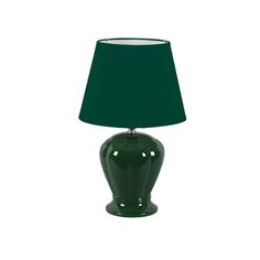 a green lamp on a white background with a black shade in the center and bottom