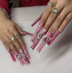 Long Acrylic Nails With Charms, Pink Xl Nails, Acrylic Nails With Charms, Nails With Charms, Xl Nails, Nails Valentines Day, Valentines Day Nails, Nails Valentines