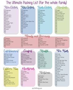 the ultimate printable packing list for the whole family, including grocery lists and checklistes