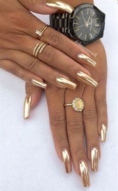 Gold Nails- Almond Nail, Almond Gold Nail Gold Chrome Nails, Gold Acrylic Nails, Gold Nail Polish, Chrome Nails Designs, Gold Nail Designs, Mirror Nails, Gold Nail, Metallic Nails, Nail Designs Glitter