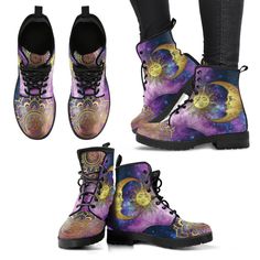 "Title: Sun and Moon Mandala Womens Boots Gifts Ankle Laces Leather Handmade Combat Mom Shoes Personalized Description: Women's Boots designed to express your personality! With a stunning Mandala Design, these custom made boots are ready for the camera. They are custom made and carefully crafted to express your uniqueness and make you stand from the crowd! Material that we use is faux leather, so they are entirely vegan-friendly, and the Sun and Moon Mandala Handcrafted Boots will sparkle with e Galaxy Boots, Boots Boho, Floral Combat Boots, Combat Boots Style, Unique Boots, Comfy Winter, Handcrafted Boots, Galaxy Print, Space Print