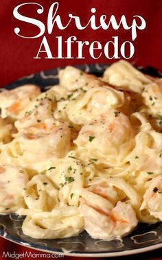 shrimp alfredo on a plate with text overlay