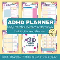 Tired of feeling overwhelmed and unfocused?!Stay organized and focused with the ADHD Planner and Journal! Introducing the ADHD Planner, your ultimate companion for staying organized and focused on what truly matters.  Designed specifically for individuals with ADHD, this planner understands the unique challenges you face and provides you with the tools and strategies to overcome them. Say goodbye to feeling overwhelmed and scattered, and say hello to a more productive and fulfilling life. With t Yearly Planning, Planner And Journal, Undated Monthly Planner, Daily Weekly Planner, Monthly Meal Planning, Undated Weekly Planner, Journal Daily, Weekly Goals, Daily Planner Pages