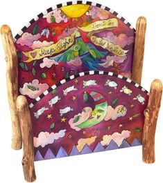 Twin Bed – Sleep tight, don't let the bed bugs bite red and pink celestial bed with sheep jumping over a sleepy moon Painted Beds, Sticks Furniture, Whimsical Furniture, Handmade Bed, Des Moines Iowa, Painted Chairs, Bed Lights, Funky Furniture, Contemporary Crafts