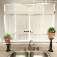 two potted plants are sitting on the window sill in front of a kitchen sink