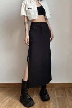 Dark Grunge Aesthetic Long Skirt, black midi skirts, streetwear outfits boogzel clothing Aesthetic Long Skirt, Dark Streetwear, Club Skirt, Skirt Grunge, Dark Grunge Aesthetic, Gothic Party, Party Attire, Club Outfit, Dark Grunge