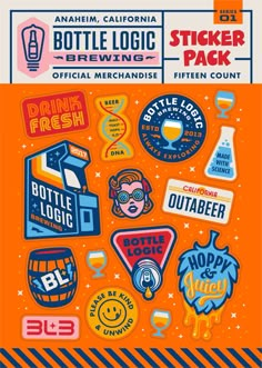 an orange and blue poster with various stickers on it's back side, including bottles