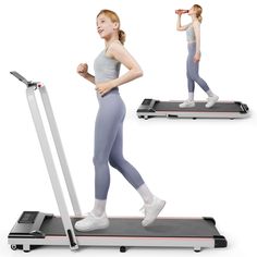 a woman is running on a treadmill