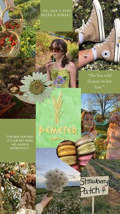 a collage of photos with flowers and plants in them, including an advertisement for demeter