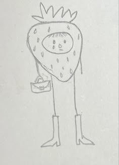 a drawing of a person with a strawberry on it's head holding a bag