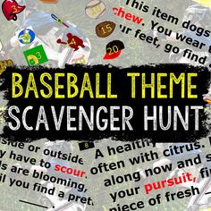 there are many different types of sports related items in this collage with the words baseball theme scavenger hunt