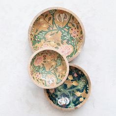 top view of all three sizes and styles of floral enameled mango bowls displayed on a white background Tiny Cabin Decor, Handmade Pottery Ideas, Nordic Cottage, Mango Wood Bowls, Large Bowls, Diy Projects Gifts, Hand Made Pottery, Future Shop, Powder Room Ideas