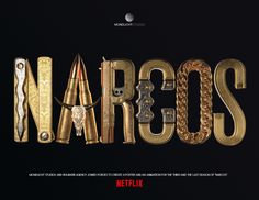 the word narcos is made up of gold chains and other metal objects on a black background