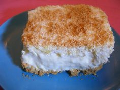 a piece of cake sitting on top of a blue plate